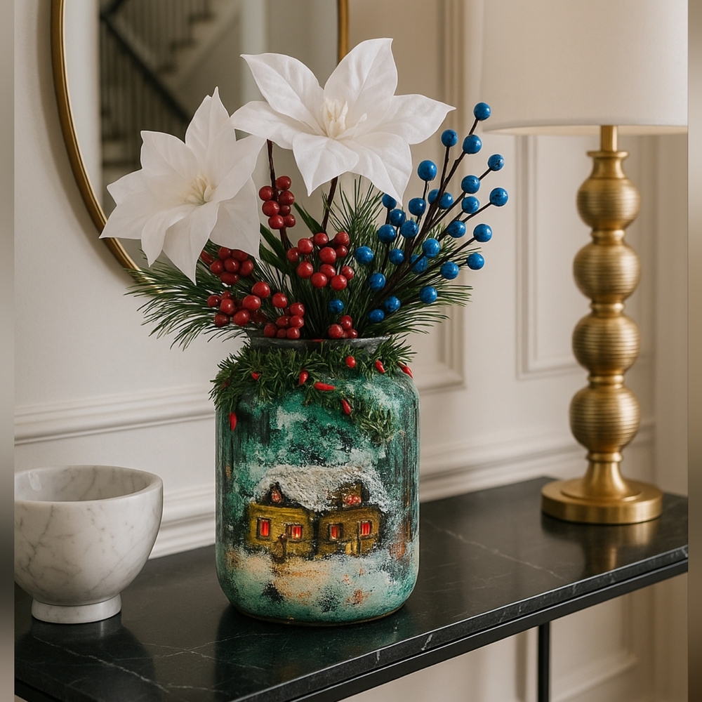 Hand-Painted Winter Jar with Poinsettias – Christmas Centerpiece • Cozy Holiday